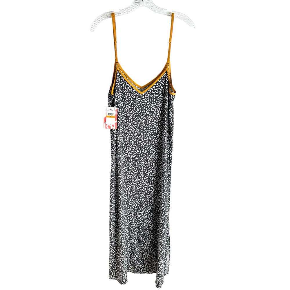Refinery29 Gray White Print Spaghetti Strap NWT Dress with Gold Trim Size S
